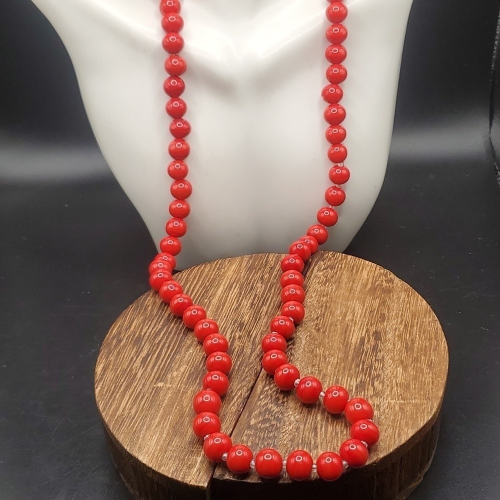 High End N3408 1920s heavy glass red necklace cherry gloss estate
